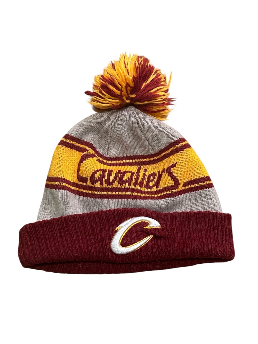 Cleveland Cavaliers New Era Beanie Hat Cuffed Knit Pom Pom Wine Gold Grey NBA